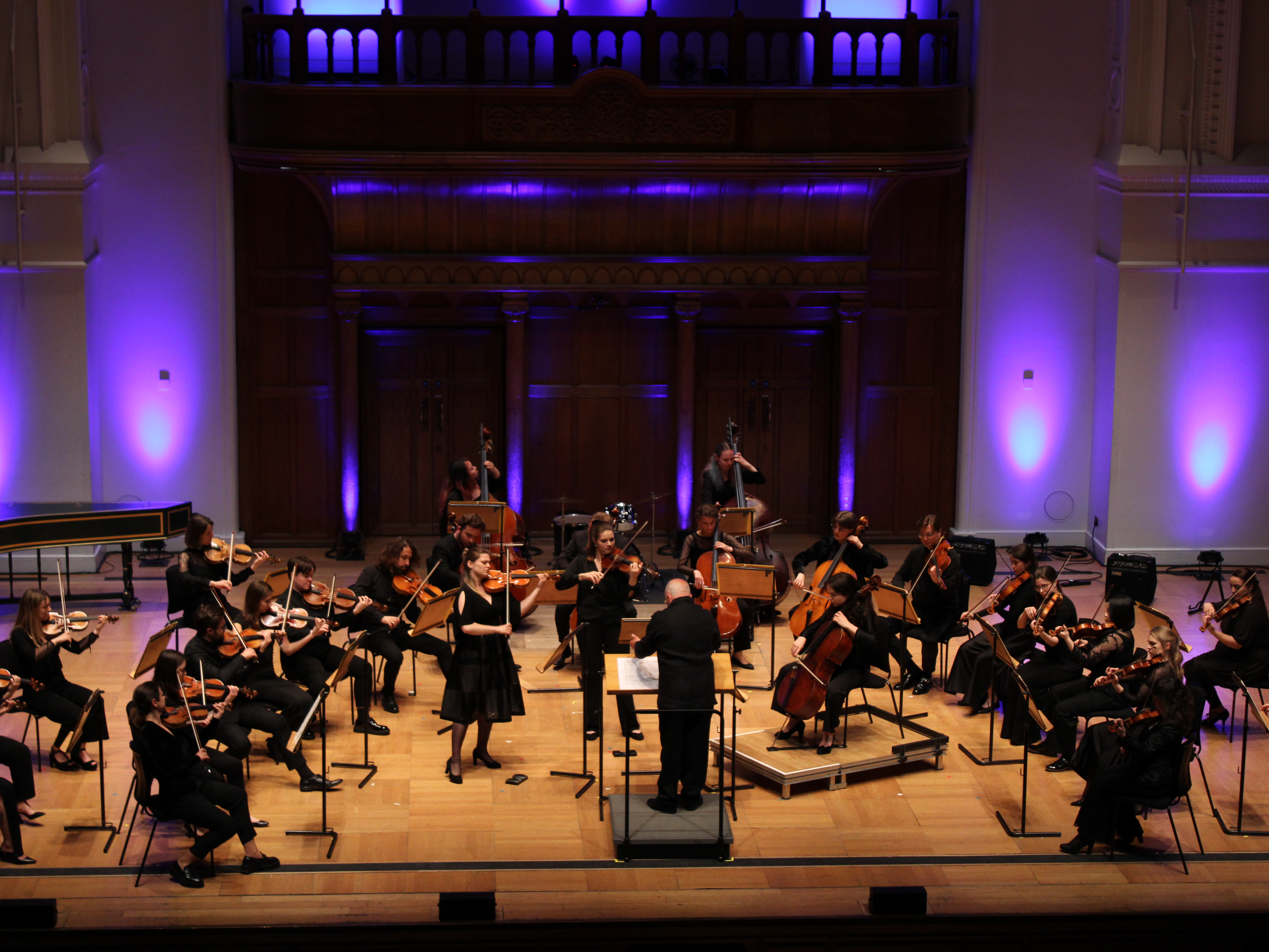 An image of Bath Festival Orchestra on stage in Cadogan Hall London. The hall is lit with purple lights. The orchestra is wearing black and are photographed mid-performance. The conductor stands at the front.